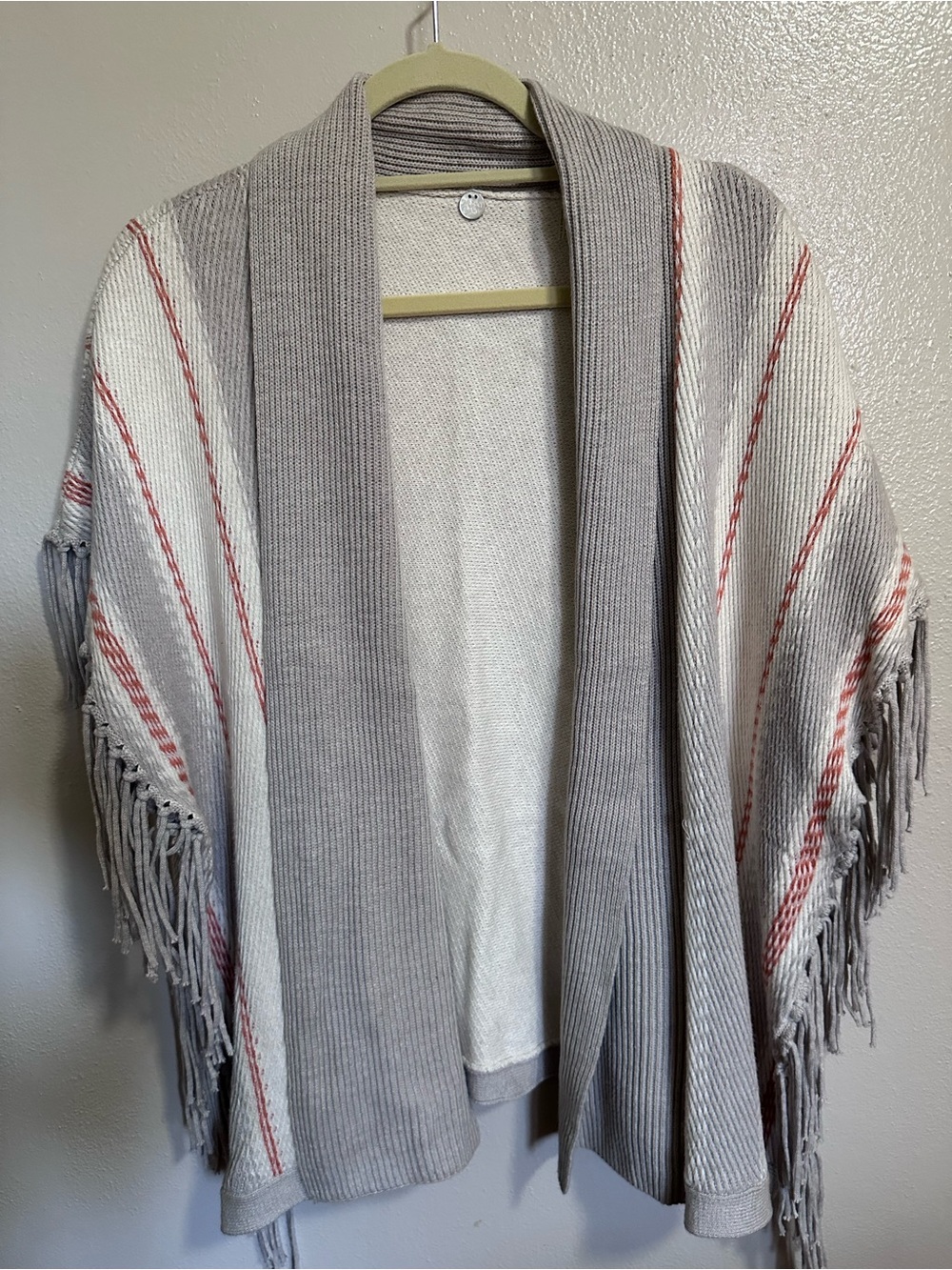 Margaret O'Leary Gray and Cream Fringe Open Cardigan with Rust Stripe